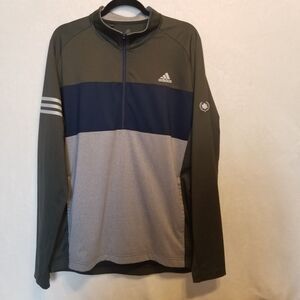 Adidas Mens L Top 1/4 Zip Olive Blue Gray Striped Golf Classic Athleisure Active